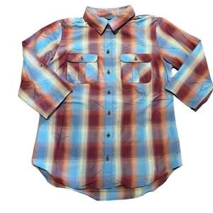 Eddie Bauer Womens Small Red and Blue Plaid Button Down Shirt 3/4 Sleeves